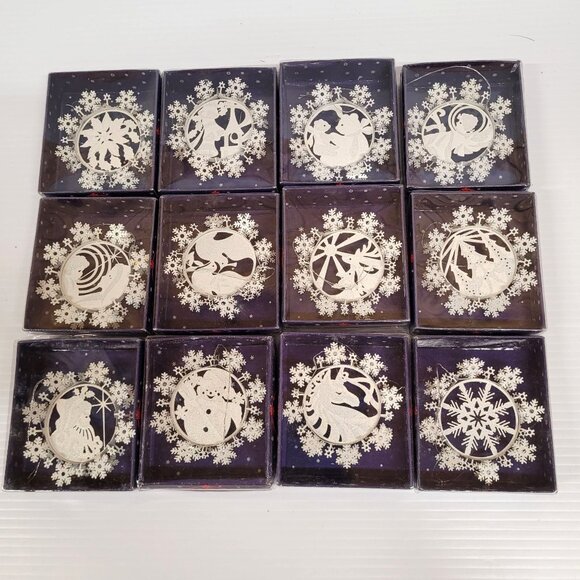 Ornaments Set 12 Metal Winter Lace Snowflake White Hanging Christmas Tree Box - Picture 1 of 10